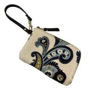 Spartina 449 Juliette Zippy ID Wristlet Wallet Blue Green Cream Paisley Linen